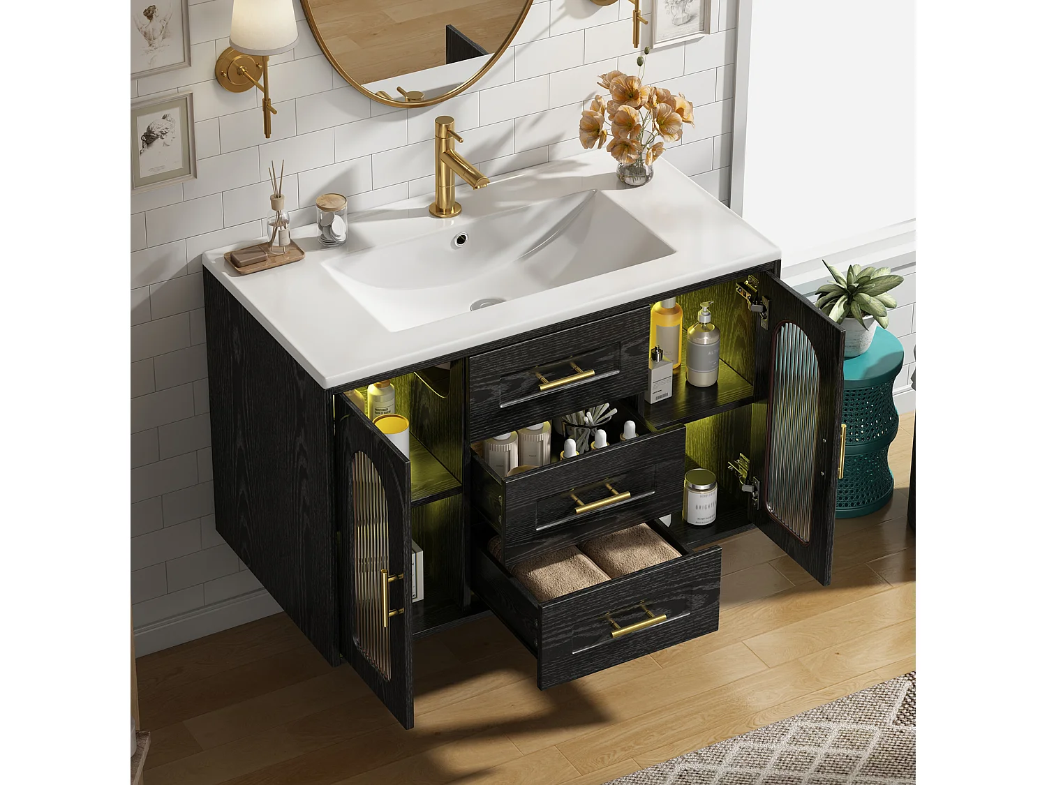 Meuble Vasque Salle de Bains Suspendu - avec Vasque Céramique - avec Tiroirs et Portes en Verre Strié, Éclairage LED - Noir(Sans Robinet)