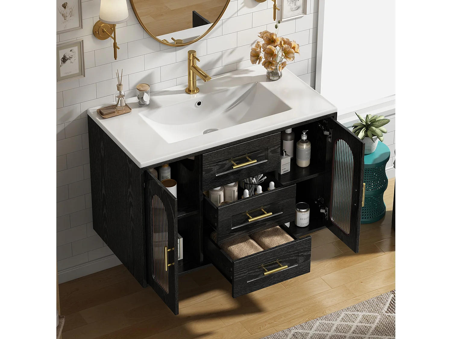 Meuble Vasque Salle de Bains Suspendu - avec Vasque Céramique - avec Tiroirs et Portes en Verre Strié, Éclairage LED - Noir(Sans Robinet)