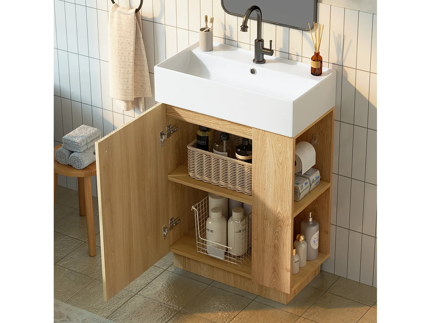 Meuble Vasque Salle de Bains 55cm sur Pied avec Vasque Céramique, Meuble Sous-Vasque à Porte Striée Ondulée - Naturel(Sans Robinet)