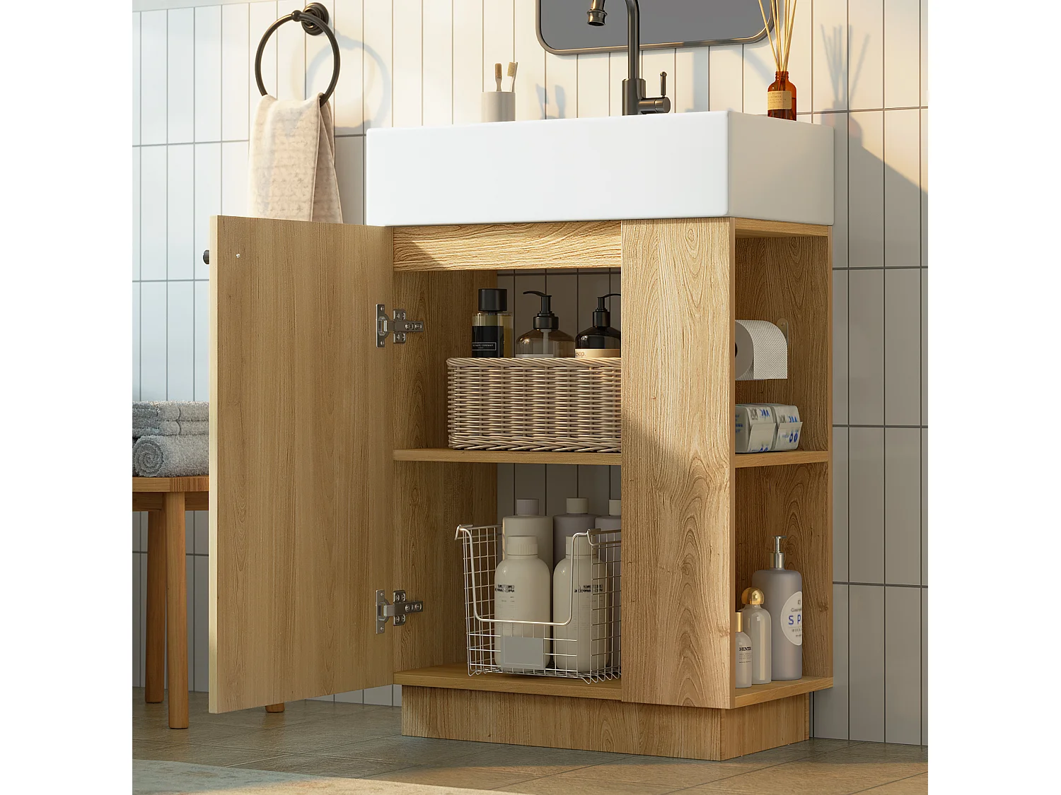 Meuble Vasque Salle de Bains 55cm sur Pied avec Vasque Céramique, Meuble Sous-Vasque à Porte Striée Ondulée - Naturel(Sans Robinet)