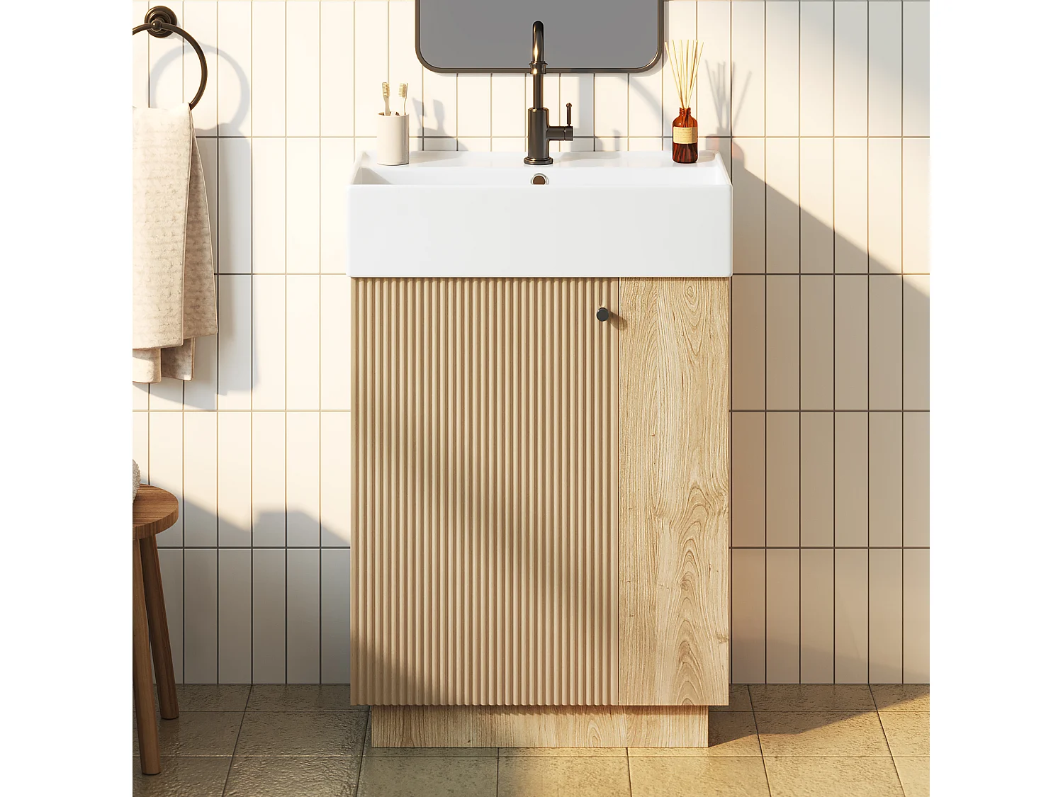 Meuble Vasque Salle de Bains 55cm sur Pied avec Vasque Céramique, Meuble Sous-Vasque à Porte Striée Ondulée - Naturel(Sans Robinet)