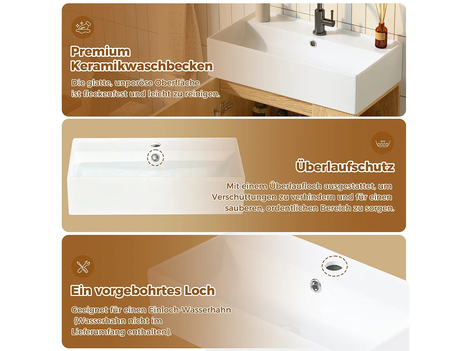 Meuble Vasque Salle de Bains 55cm sur Pied avec Vasque Céramique, Meuble Sous-Vasque à Porte Striée Ondulée - Naturel(Sans Robinet)