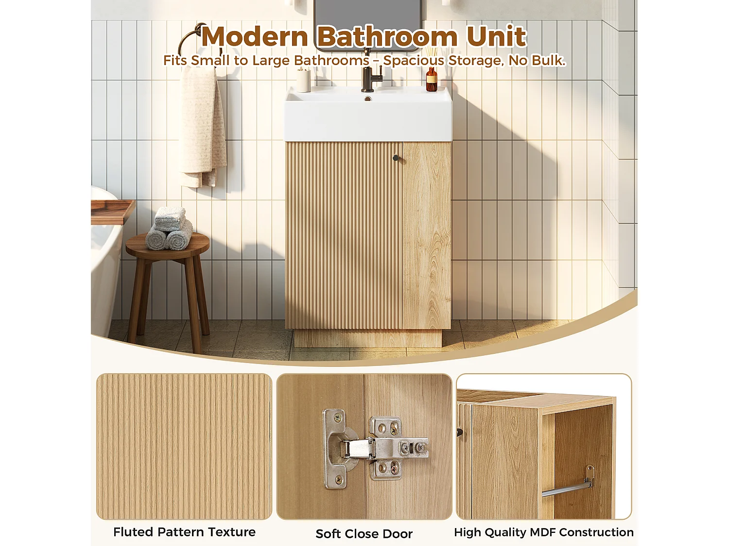 Meuble Vasque Salle de Bains 55cm sur Pied avec Vasque Céramique, Meuble Sous-Vasque à Porte Striée Ondulée - Naturel(Sans Robinet)