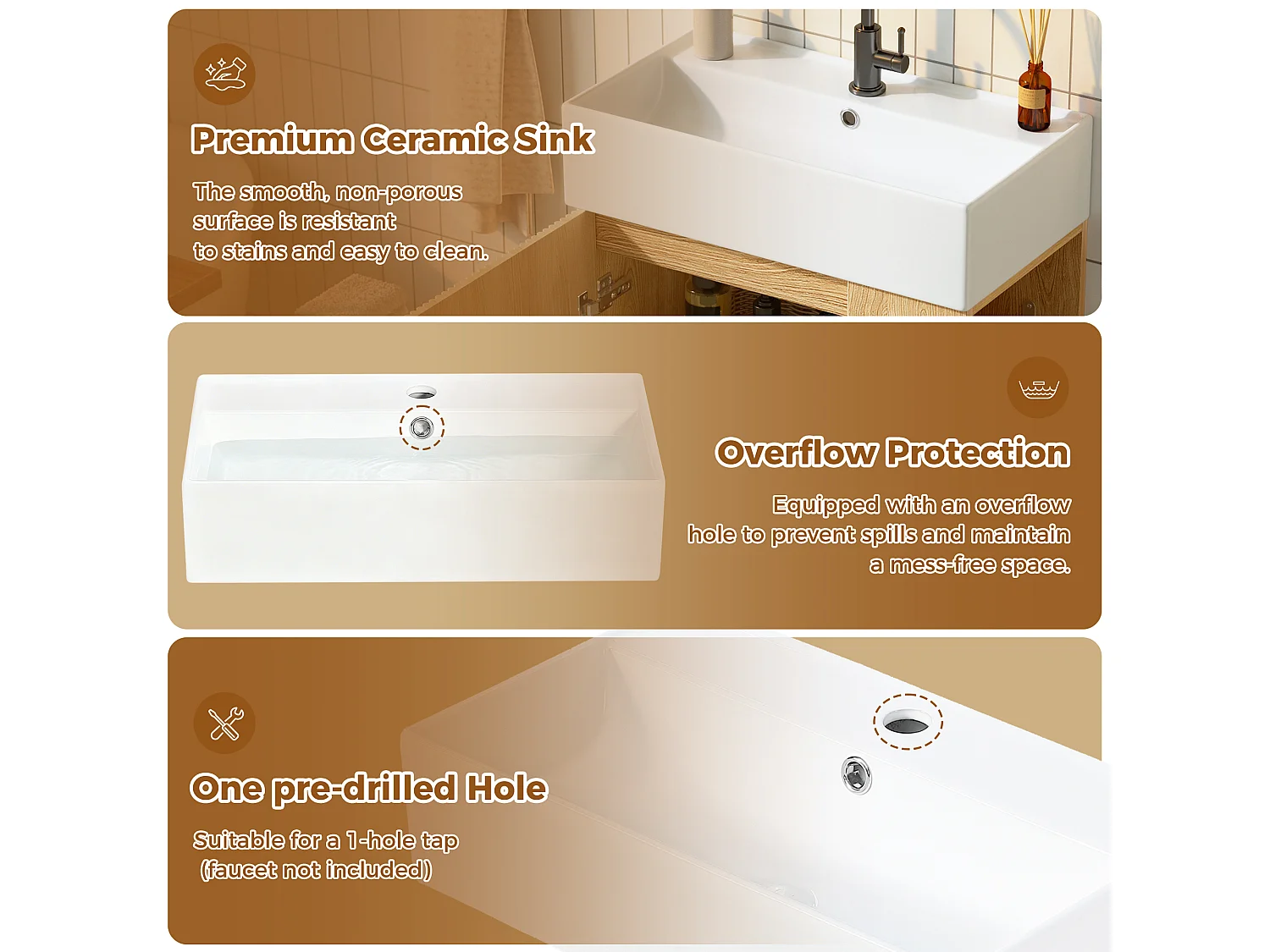 Meuble Vasque Salle de Bains 55cm sur Pied avec Vasque Céramique, Meuble Sous-Vasque à Porte Striée Ondulée - Naturel(Sans Robinet)
