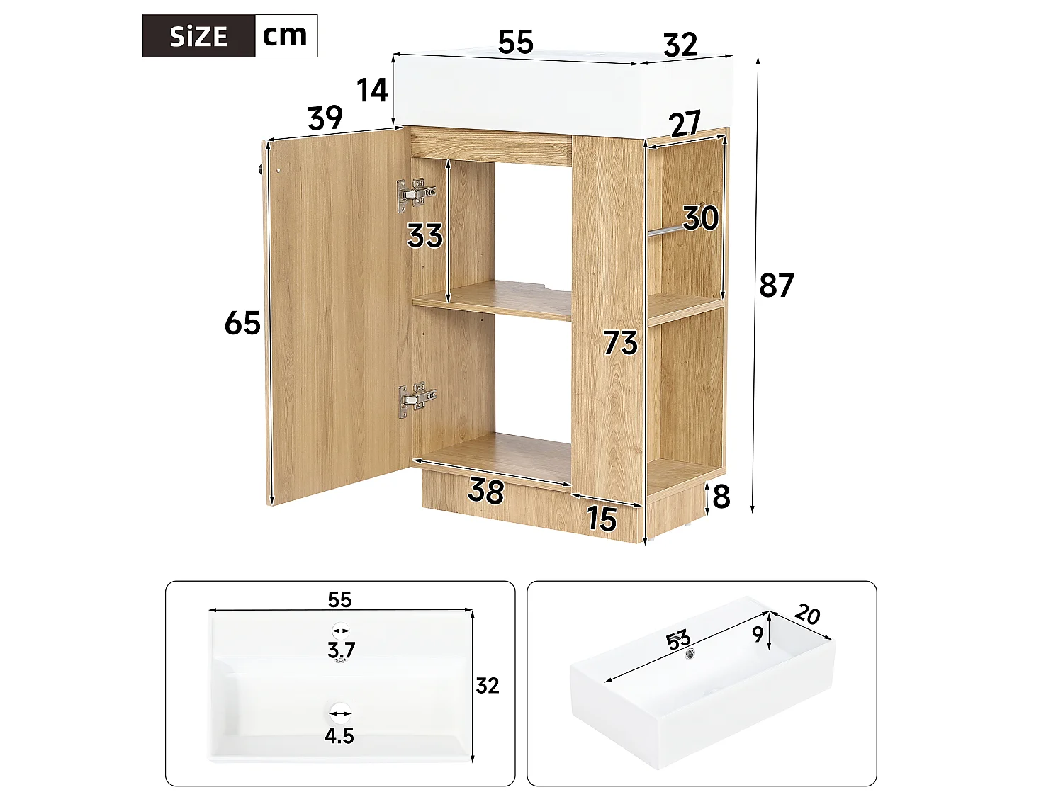 Meuble Vasque Salle de Bains 55cm sur Pied avec Vasque Céramique, Meuble Sous-Vasque à Porte Striée Ondulée - Naturel(Sans Robinet)