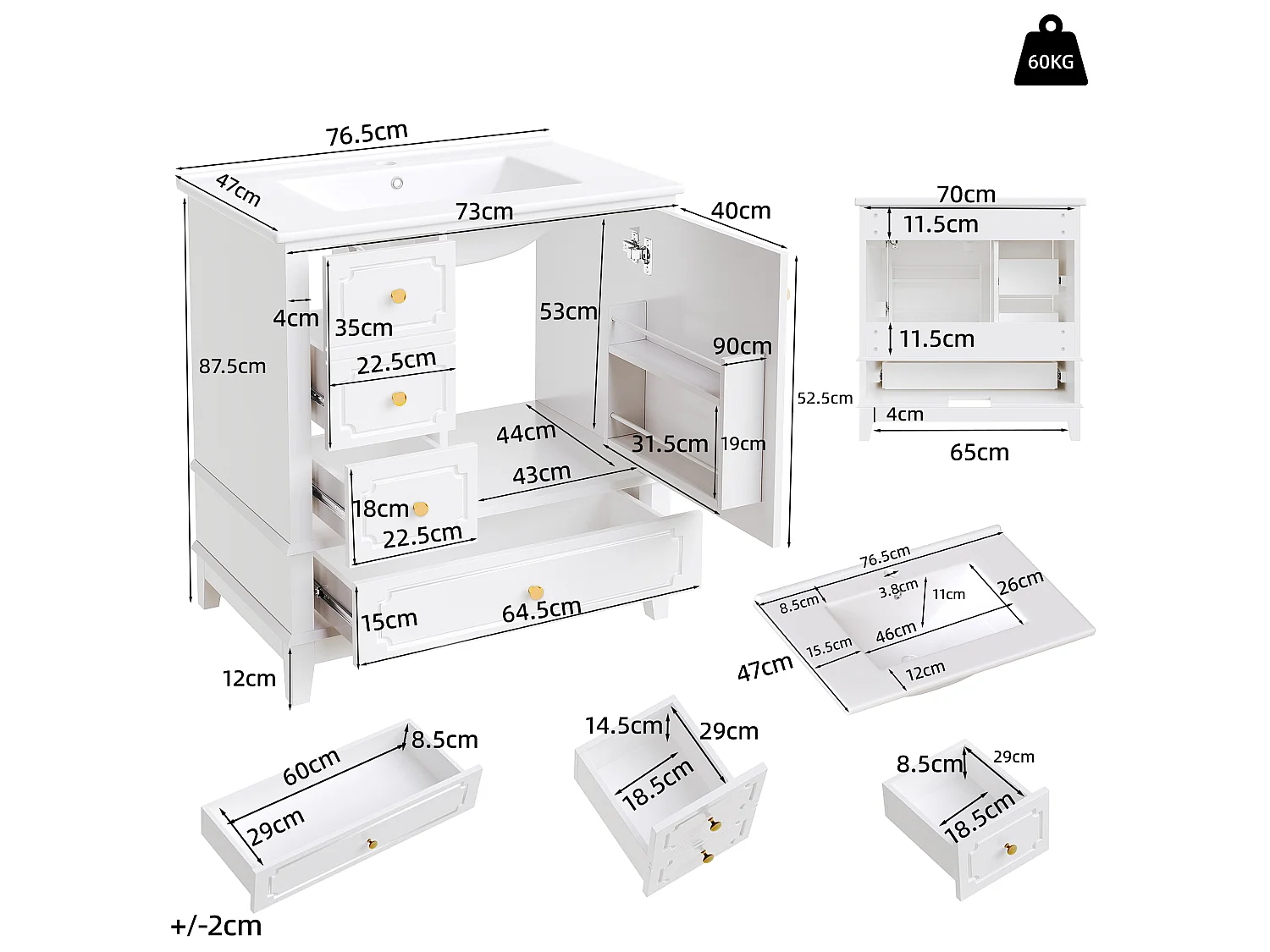 Meuble de salle de bain sur pieds avec vasque - 3 tiroirs et 1 porte - Blanc