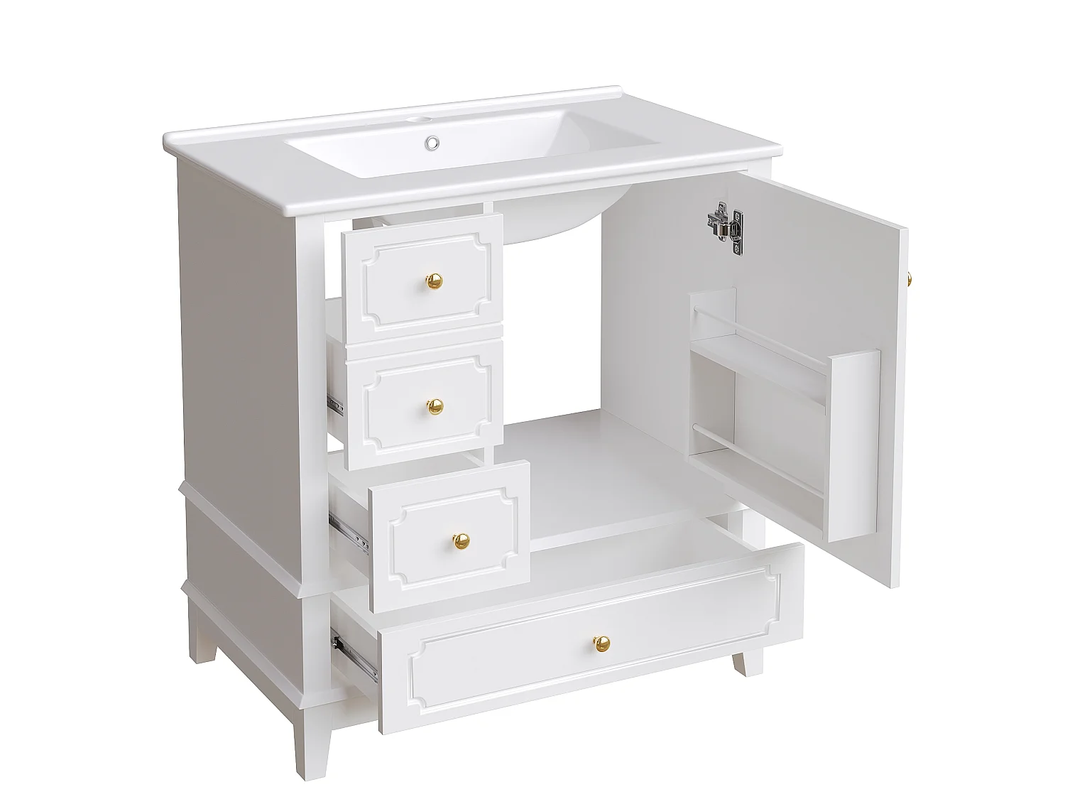 Meuble de salle de bain sur pieds avec vasque - 3 tiroirs et 1 porte - Blanc