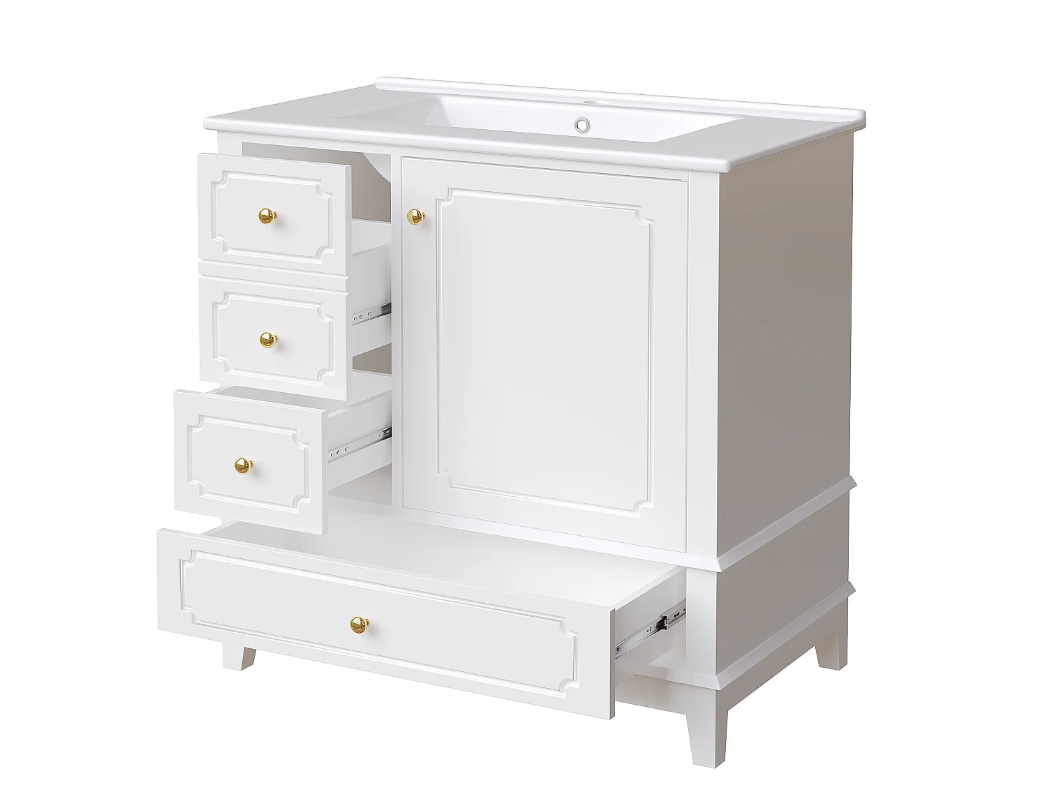 Meuble de salle de bain sur pieds avec vasque - 3 tiroirs et 1 porte - Blanc