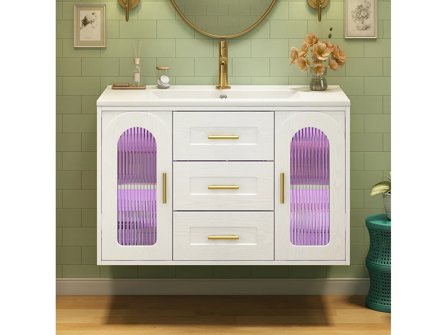 Meuble Vasque Salle de Bains Suspendu - avec Vasque Céramique - avec Tiroirs et Portes en Verre Strié, Éclairage LED - Blanc(Sans Robinet)