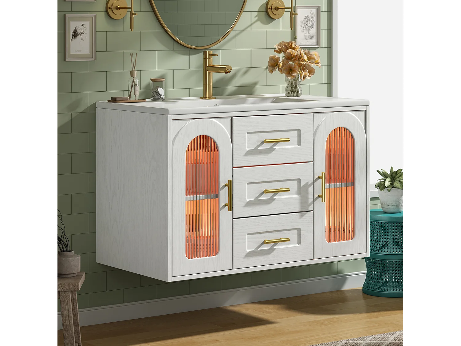 Meuble Vasque Salle de Bains Suspendu - avec Vasque Céramique - avec Tiroirs et Portes en Verre Strié, Éclairage LED - Blanc(Sans Robinet)