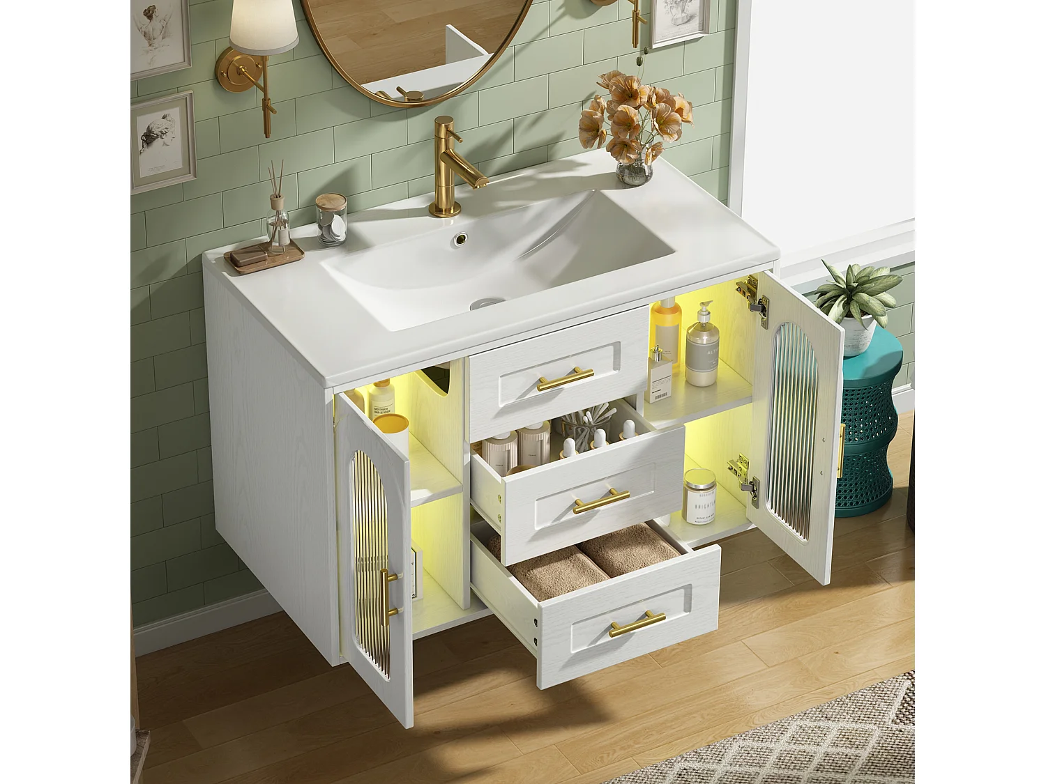 Meuble Vasque Salle de Bains Suspendu - avec Vasque Céramique - avec Tiroirs et Portes en Verre Strié, Éclairage LED - Blanc(Sans Robinet)