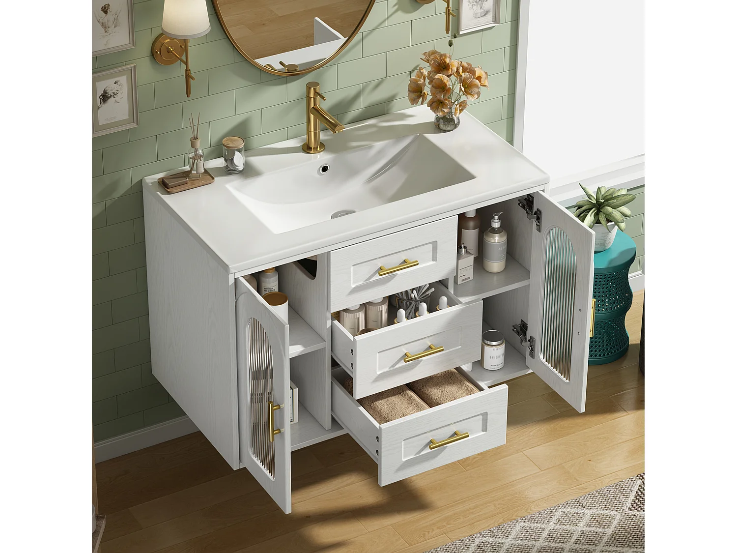 Meuble Vasque Salle de Bains Suspendu - avec Vasque Céramique - avec Tiroirs et Portes en Verre Strié, Éclairage LED - Blanc(Sans Robinet)