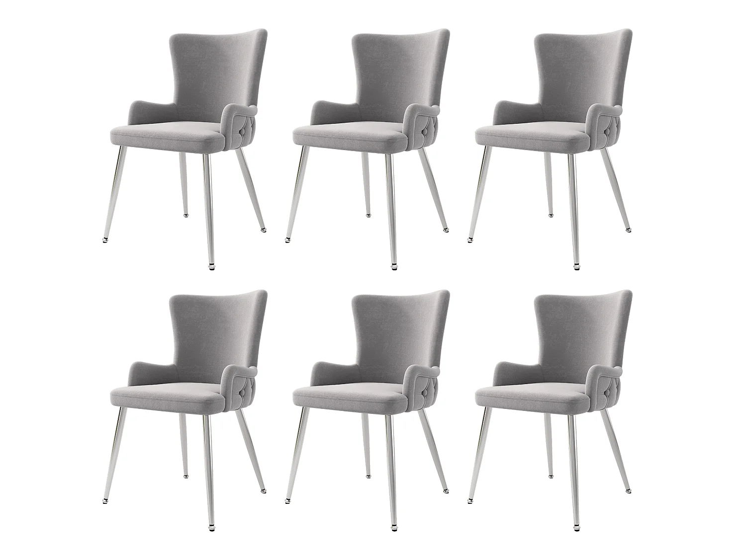 Set van 6 grijze fluwelen stoelen met zilverkleurige metalen poten
