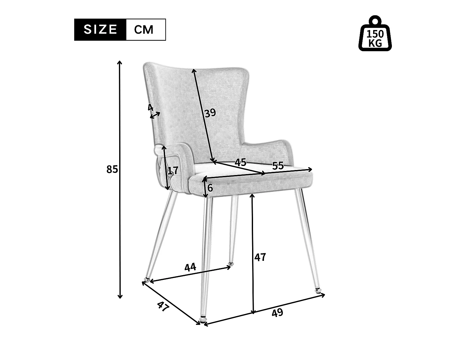 Set van 6 grijze fluwelen stoelen met zilverkleurige metalen poten