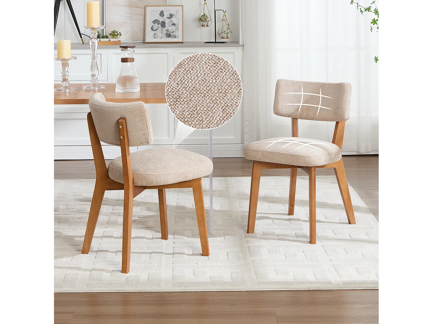 Lot de 2 chaises de salle à manger en tissu Kaki - Pieds en bois