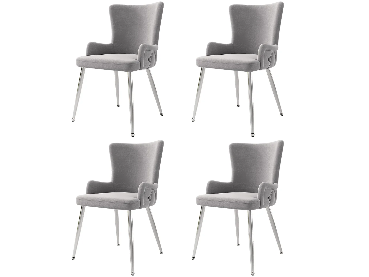 Set van 4 grijze fluwelen stoelen met zilverkleurige metalen poten