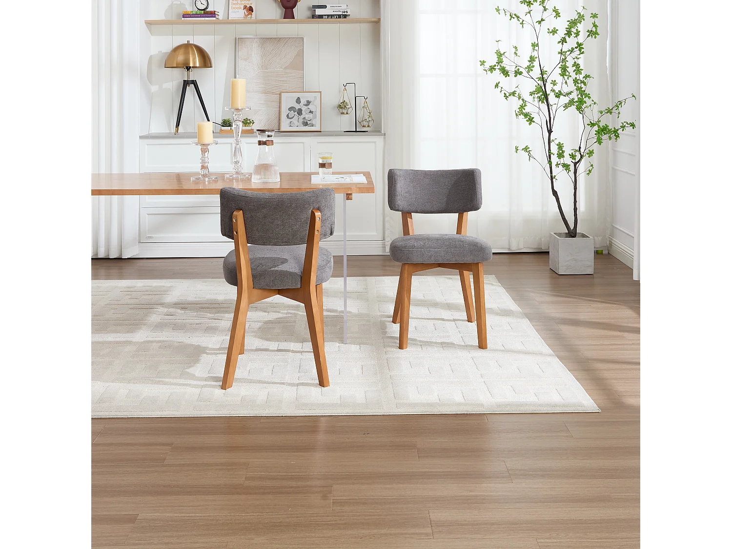 Lot de 2 chaises de salle à manger en tissu gris - Pieds en bois