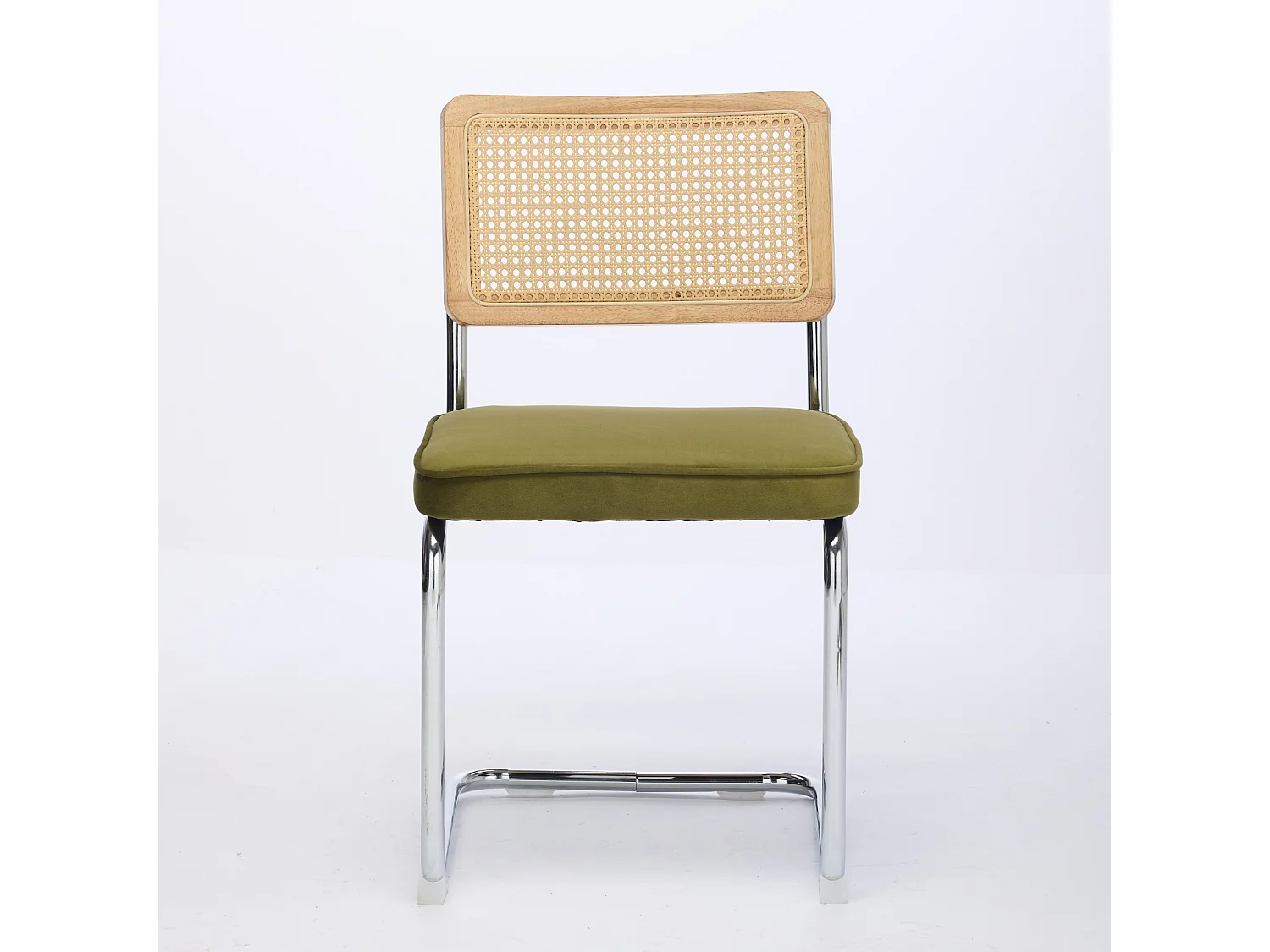 Set di 2 poltrone in velluto verde oliva - Struttura in metallo - Schienale in rattan