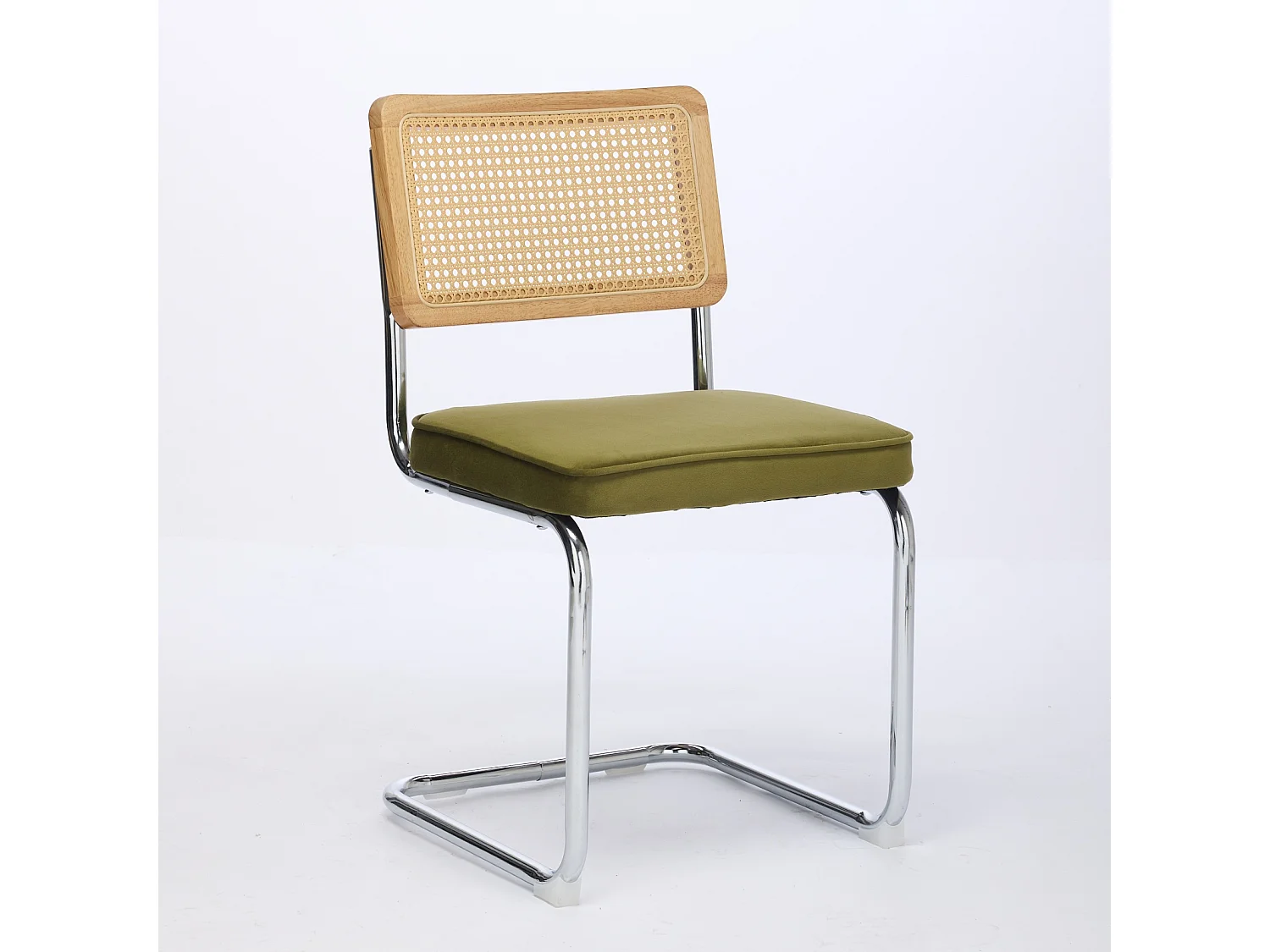 Set di 2 poltrone in velluto verde oliva - Struttura in metallo - Schienale in rattan