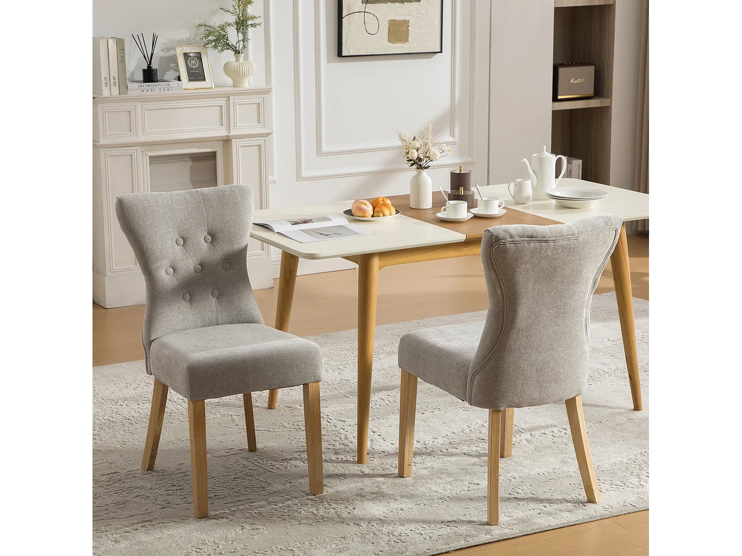 Lot de 2 chaises de salle à manger en tissu chenille avec pieds en bois - Gris