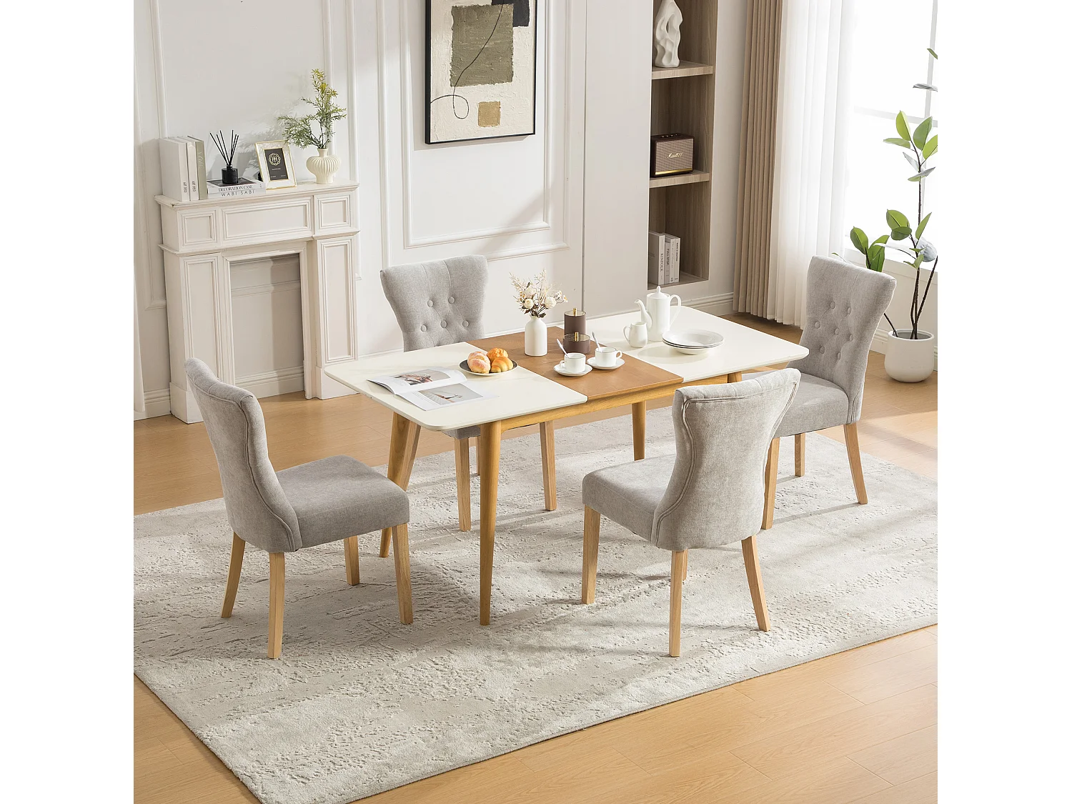 Lot de 2 chaises de salle à manger en tissu chenille avec pieds en bois - Gris