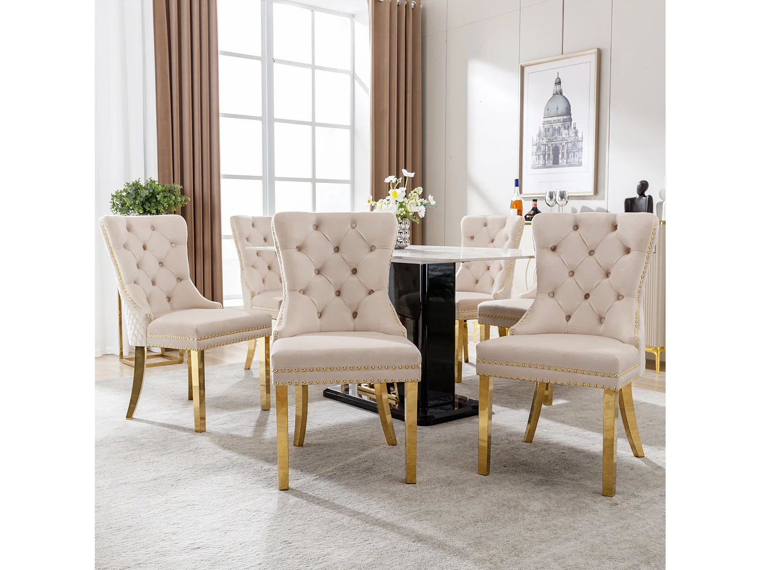 Lot de 6 chaises en velours beige avec garniture cloutée - Pieds en métal doré
