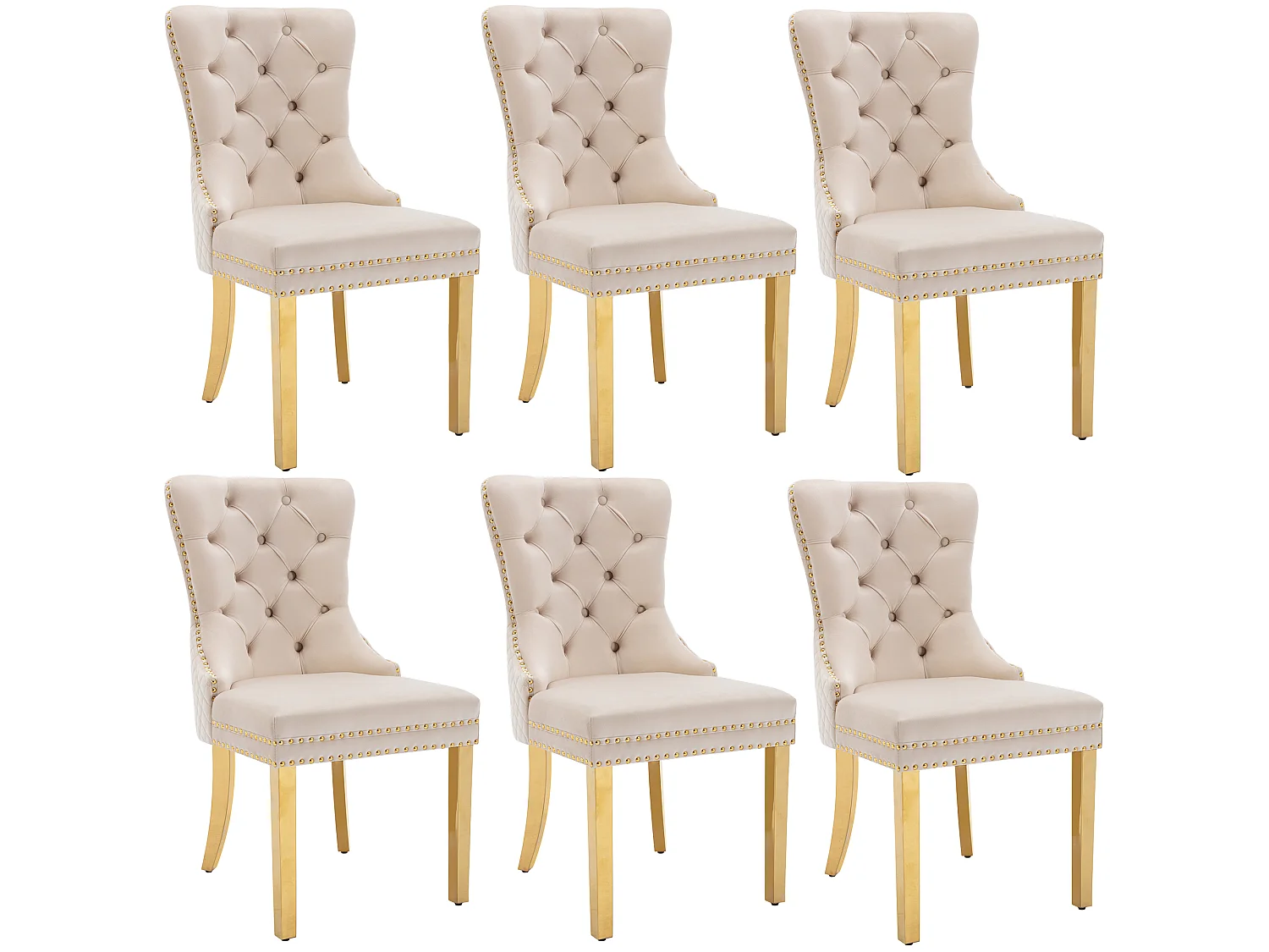 Lot de 6 chaises en velours beige avec garniture cloutée - Pieds en métal doré