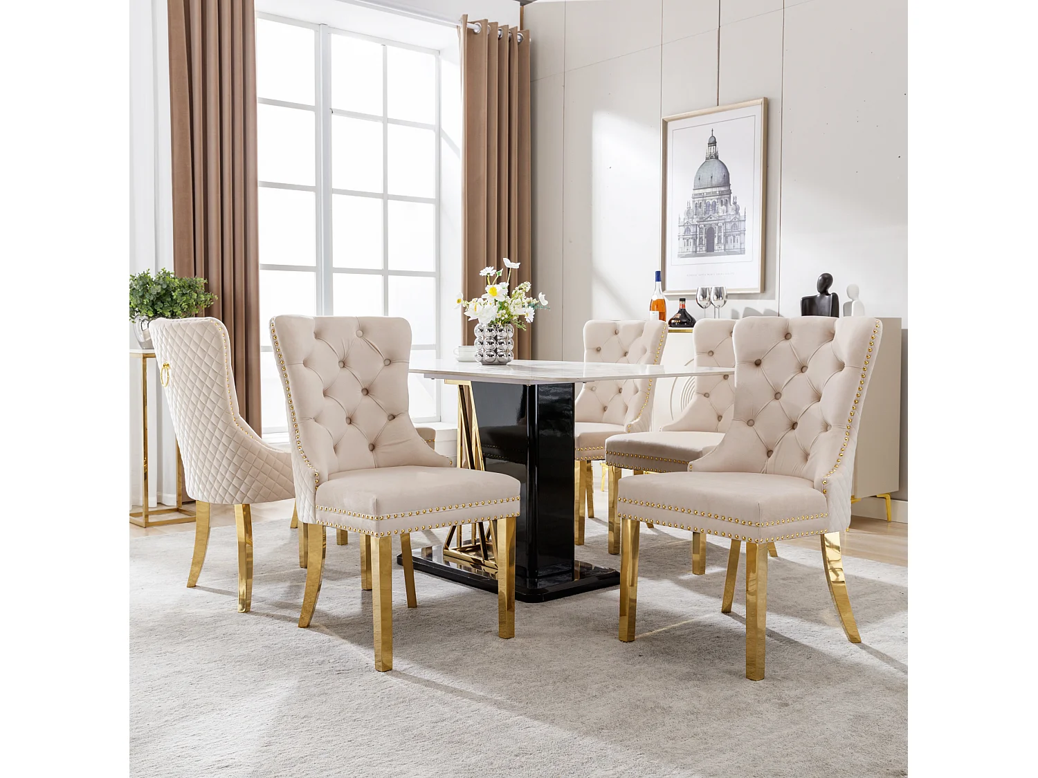 Lot de 6 chaises en velours beige avec garniture cloutée - Pieds en métal doré