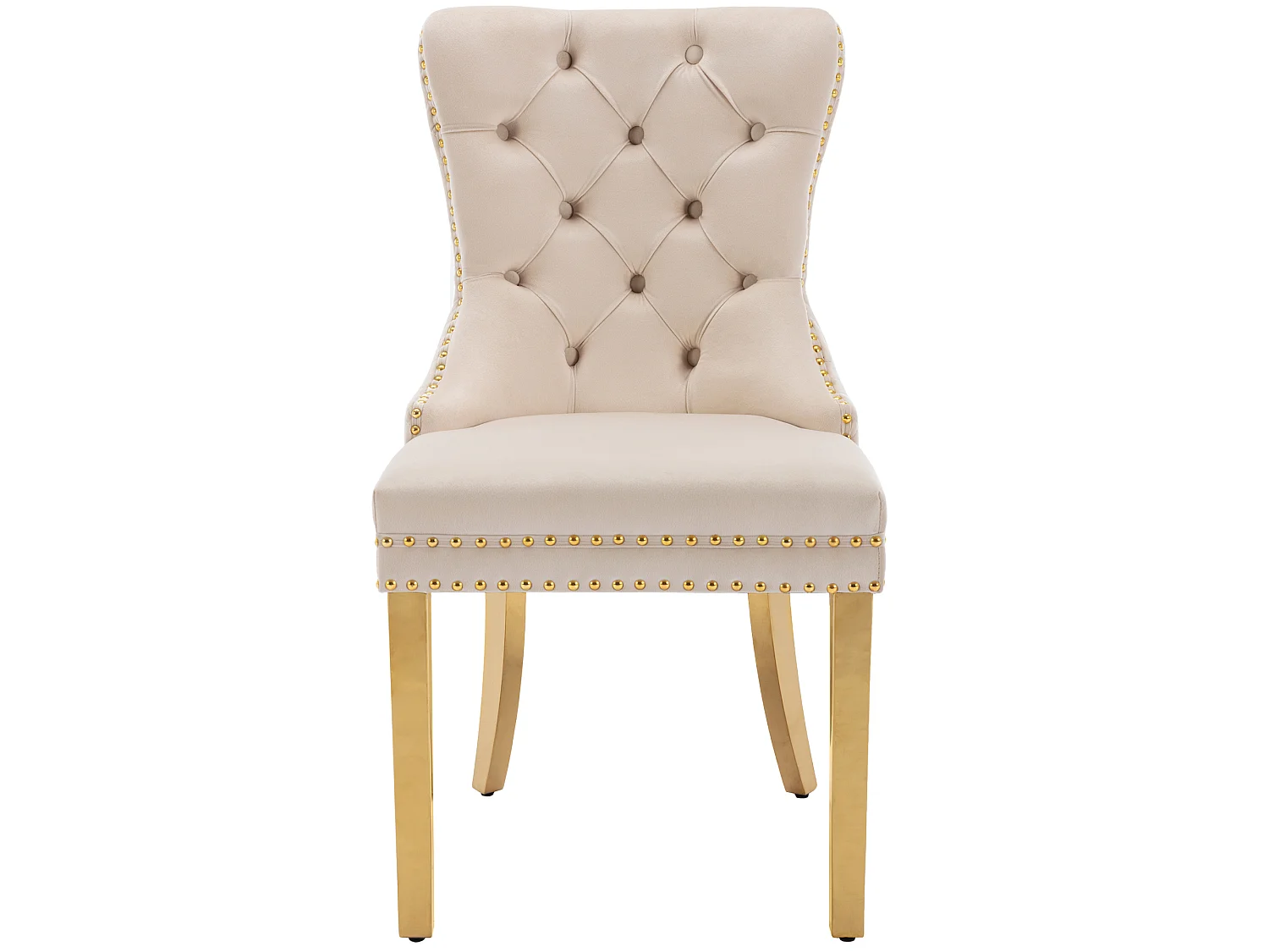 Lot de 6 chaises en velours beige avec garniture cloutée - Pieds en métal doré