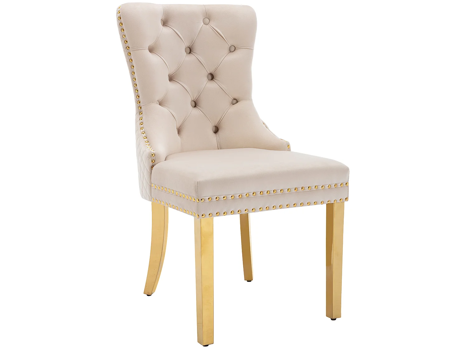 Lot de 6 chaises en velours beige avec garniture cloutée - Pieds en métal doré