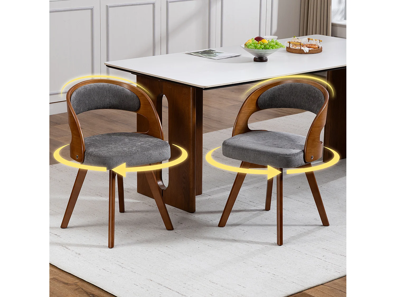 Set van 2 draaibare houten stoelen met gebogen rugleuningen - Grijze linnen stof