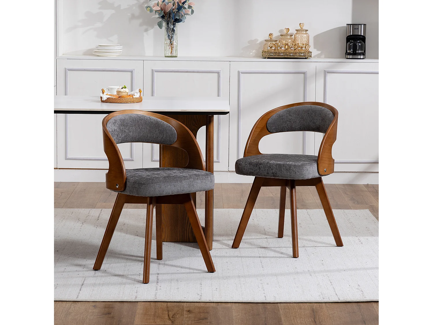 Set van 2 draaibare houten stoelen met gebogen rugleuningen - Grijze linnen stof