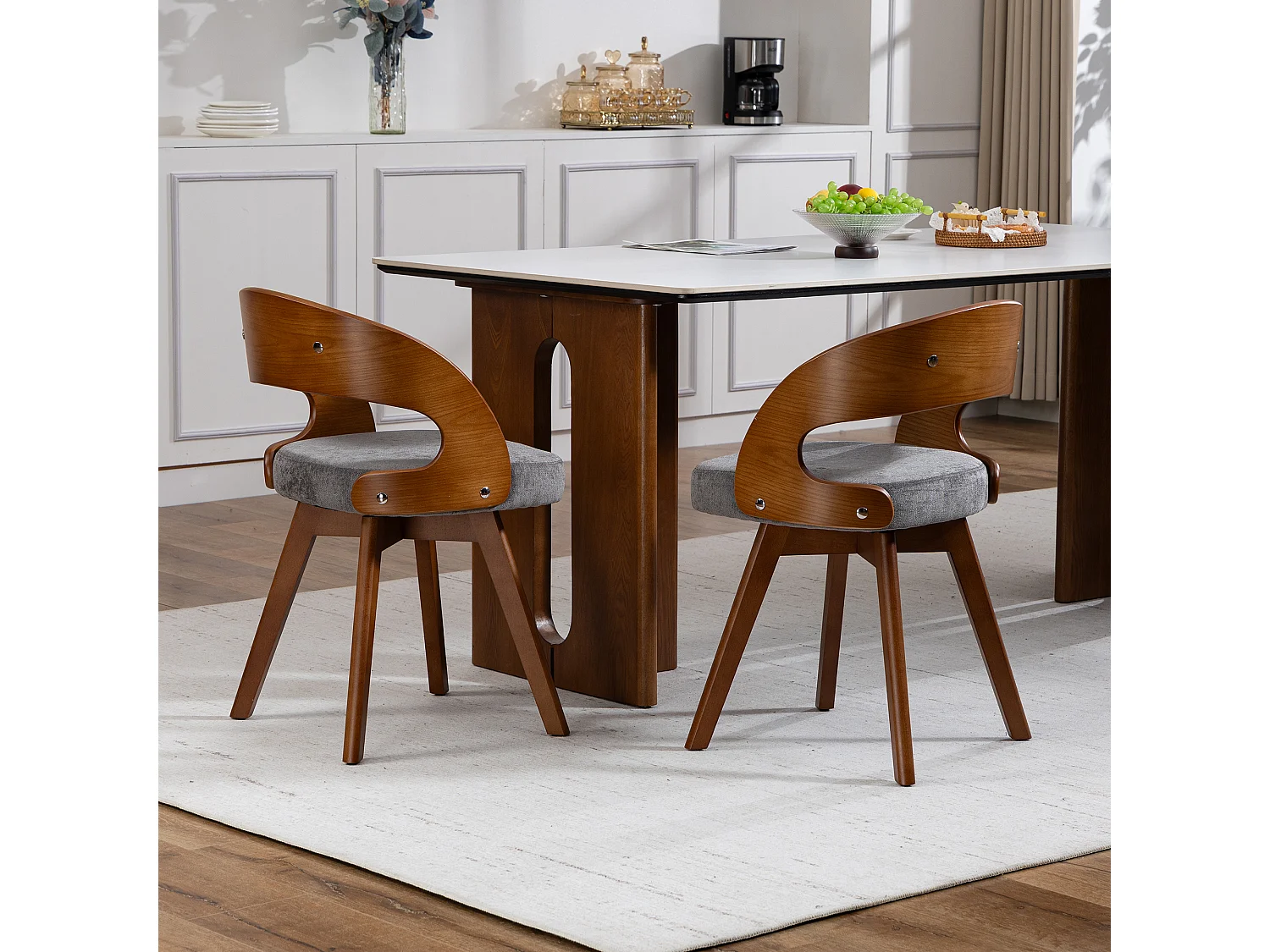 Set van 2 draaibare houten stoelen met gebogen rugleuningen - Grijze linnen stof