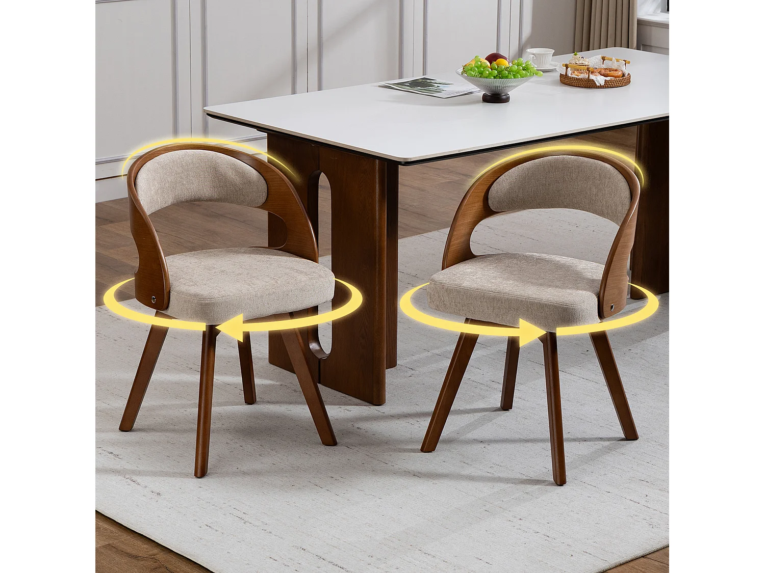 Set van 2 draaibare houten stoelen met gebogen rugleuningen - Khaki linnen stof