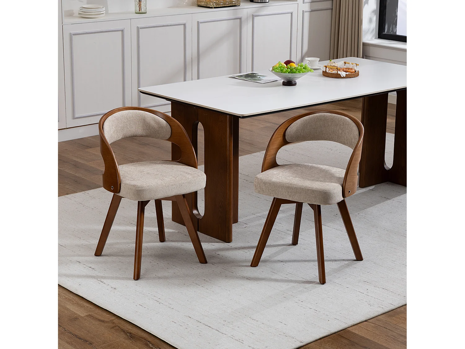 Set van 2 draaibare houten stoelen met gebogen rugleuningen - Khaki linnen stof