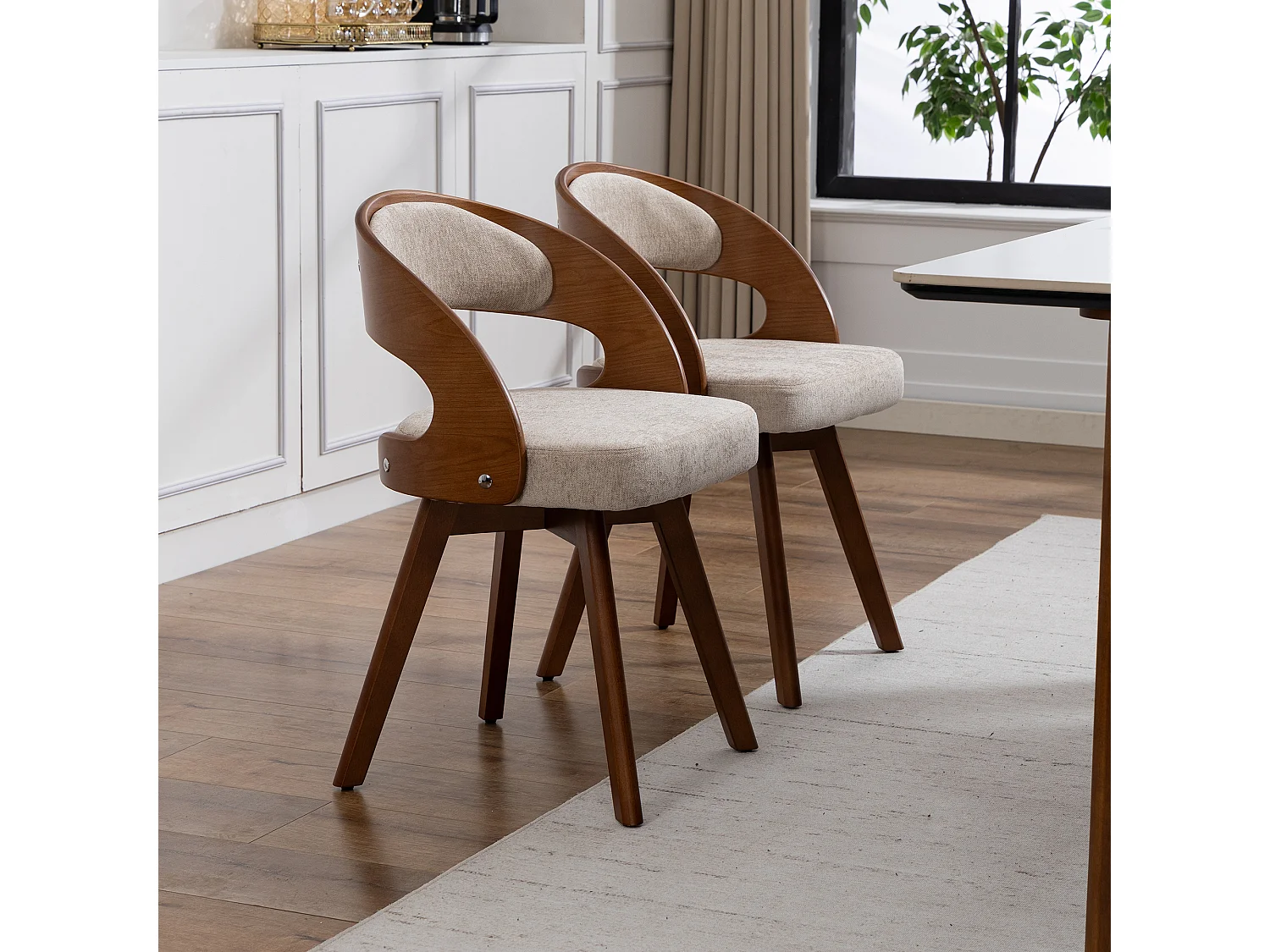 Set van 2 draaibare houten stoelen met gebogen rugleuningen - Khaki linnen stof