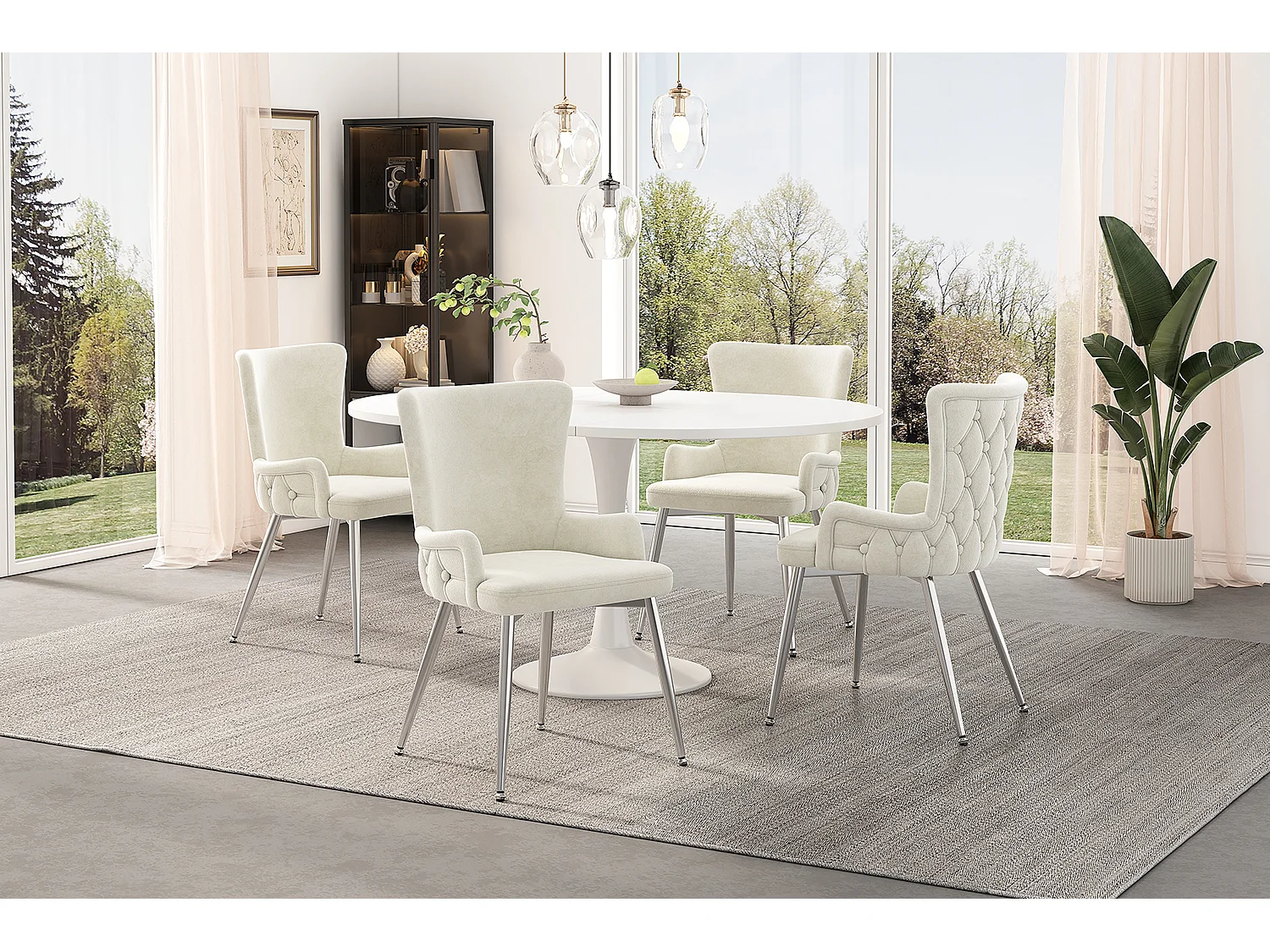 Set van 4 beige fluwelen stoelen met zilverkleurige metalen poten