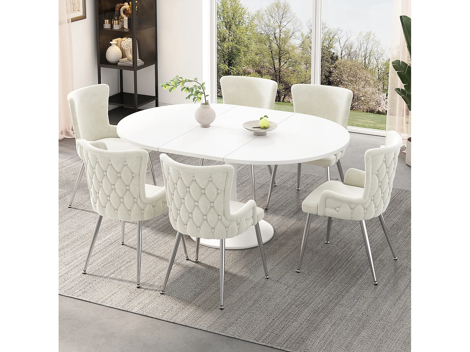 Set van 4 beige fluwelen stoelen met zilverkleurige metalen poten