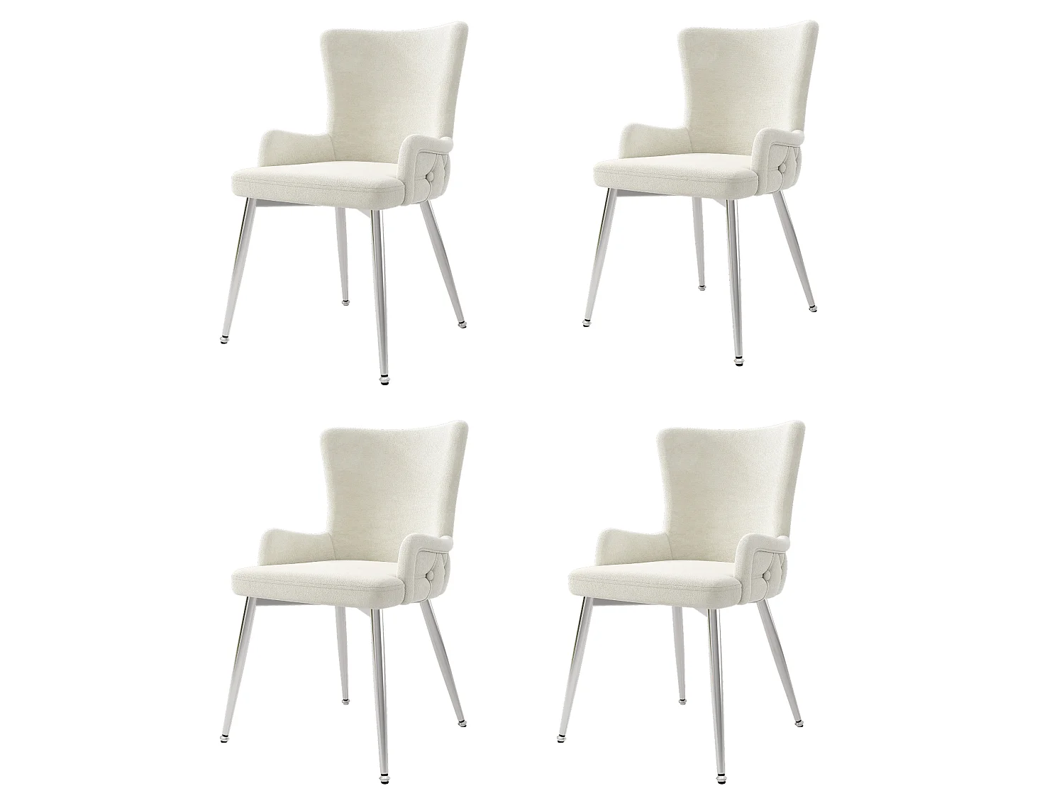 Set van 4 beige fluwelen stoelen met zilverkleurige metalen poten