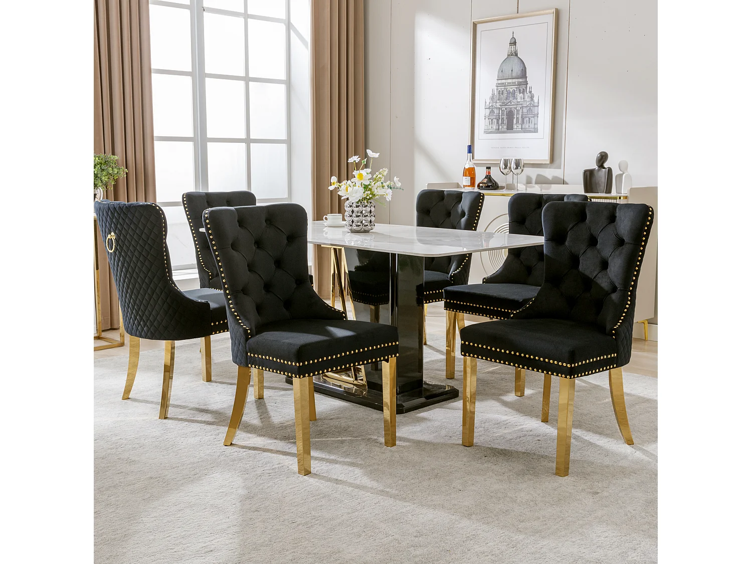 Lot de 6 chaises en velours noir avec garniture cloutée - Pieds en métal doré