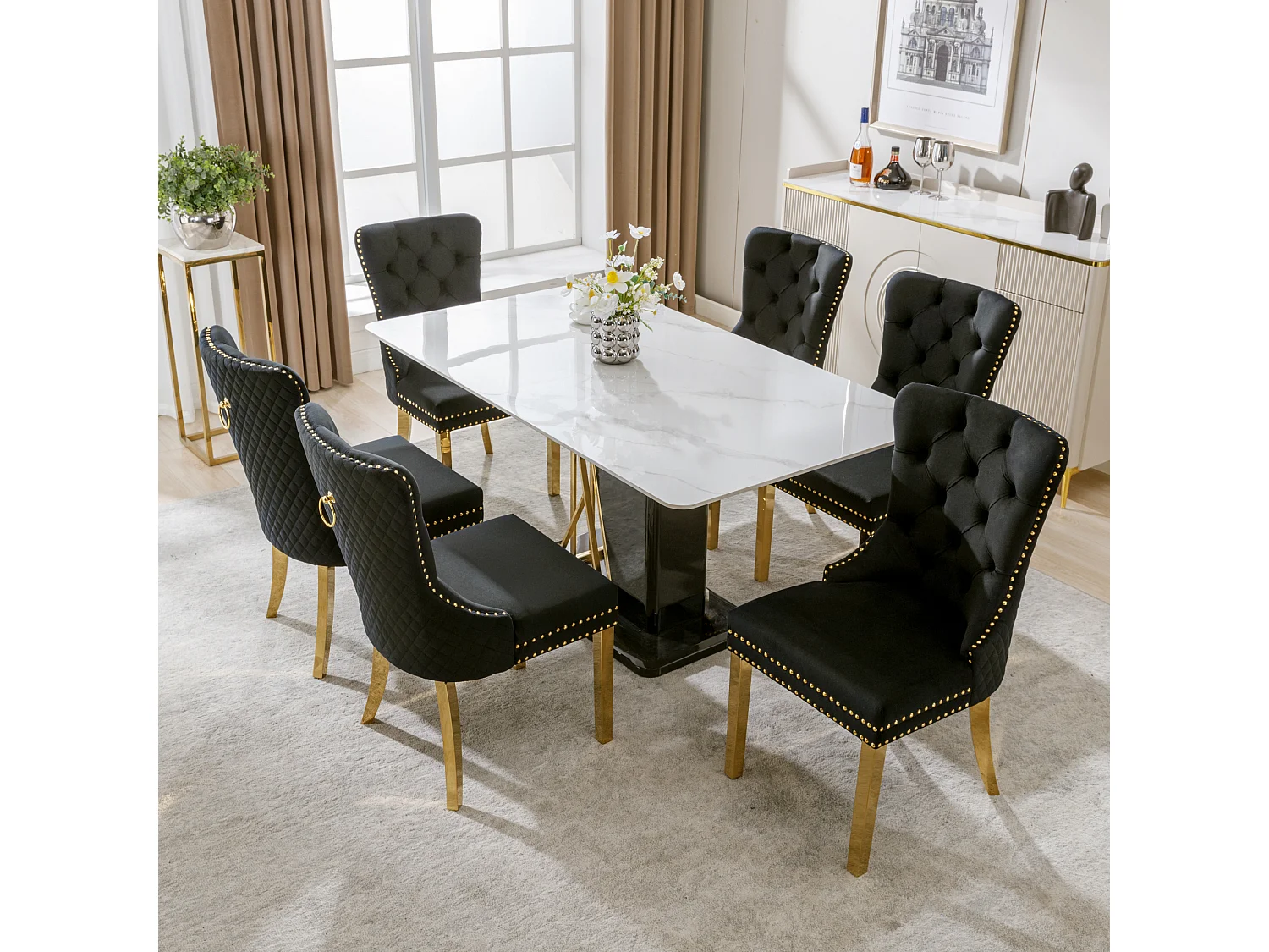 Lot de 6 chaises en velours noir avec garniture cloutée - Pieds en métal doré