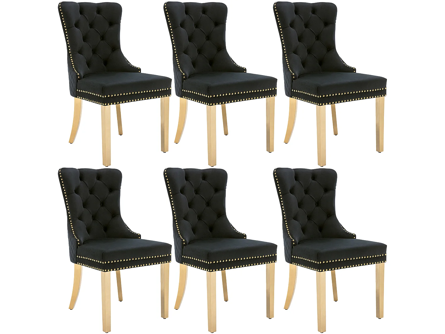 Lot de 6 chaises en velours noir avec garniture cloutée - Pieds en métal doré