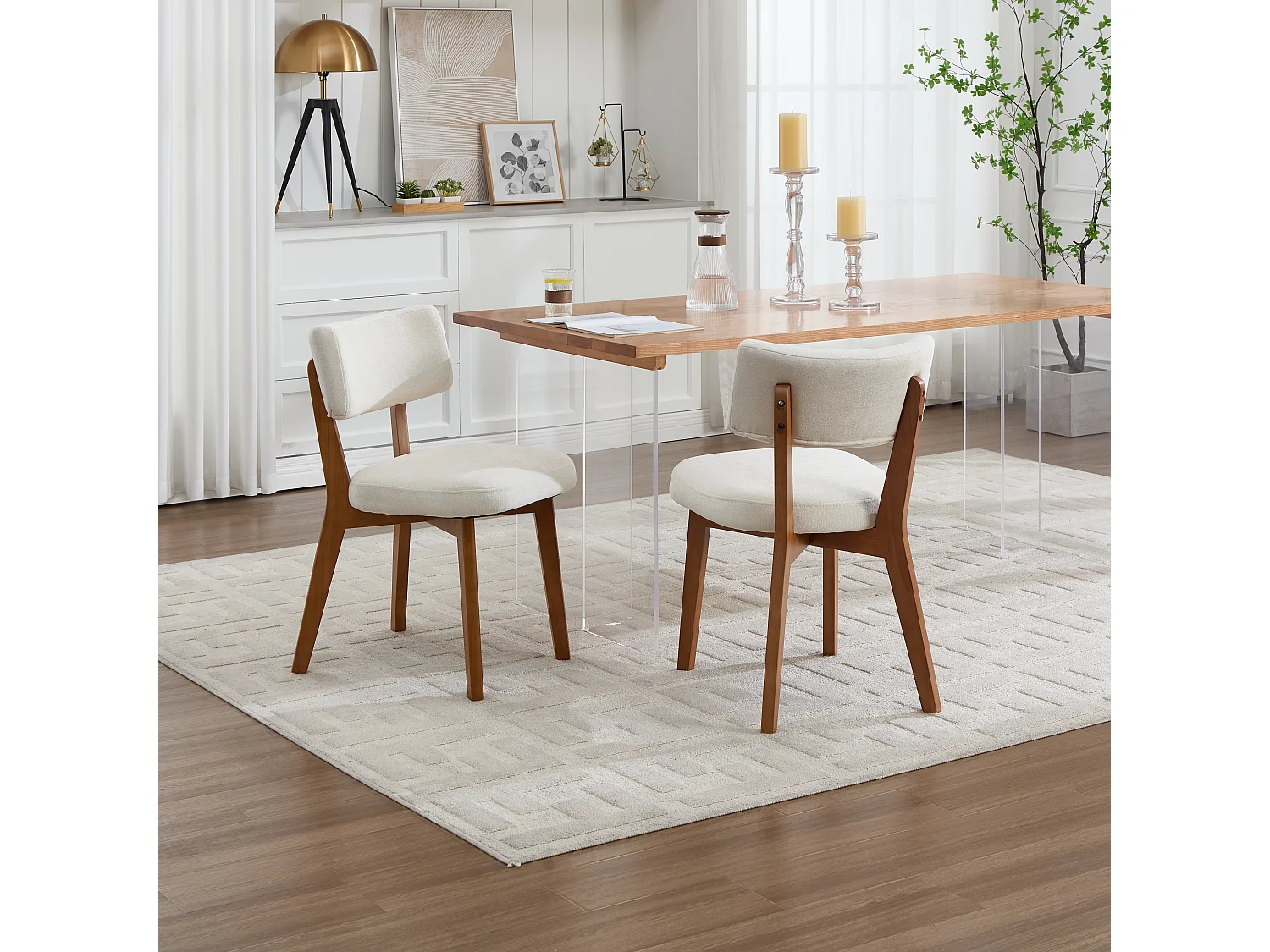 Lot de 2 chaises de salle à manger en tissu beige - Pieds en bois