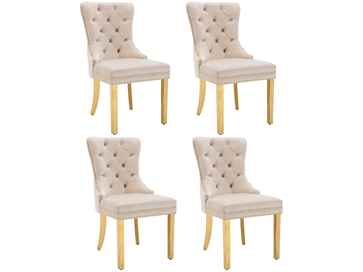 Lot de 4 chaises en velours beige avec garniture cloutée - Pieds en métal doré