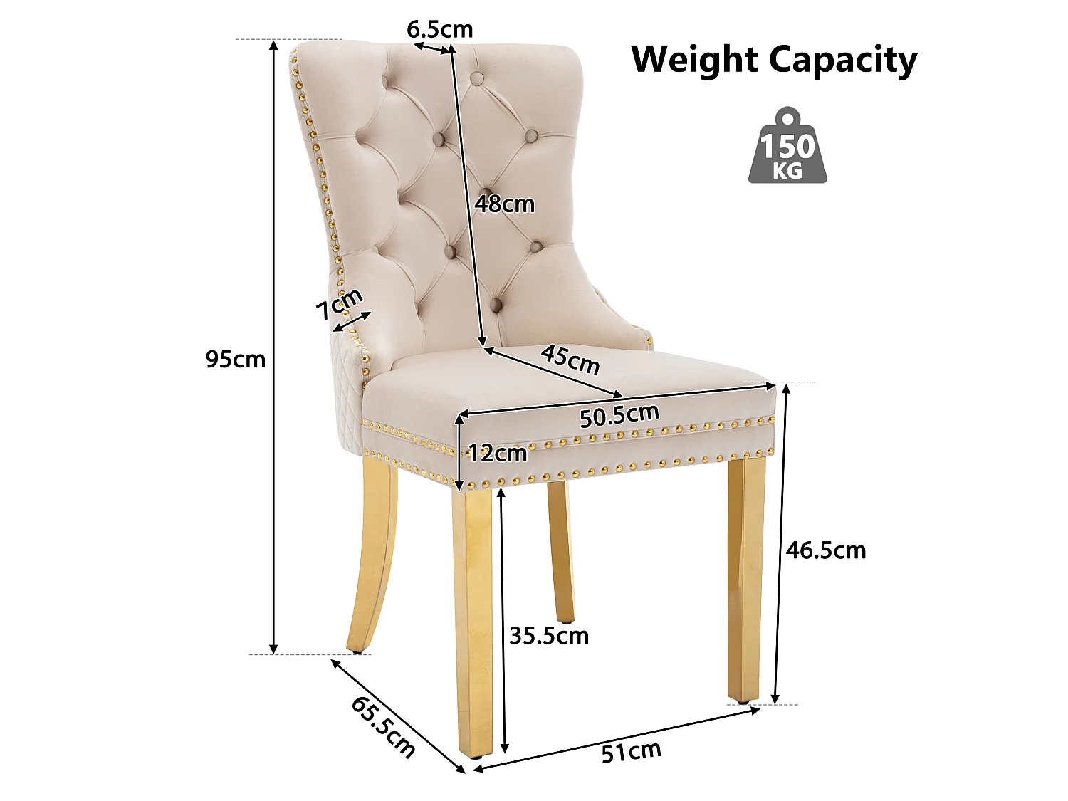Lot de 4 chaises en velours beige avec garniture cloutée - Pieds en métal doré