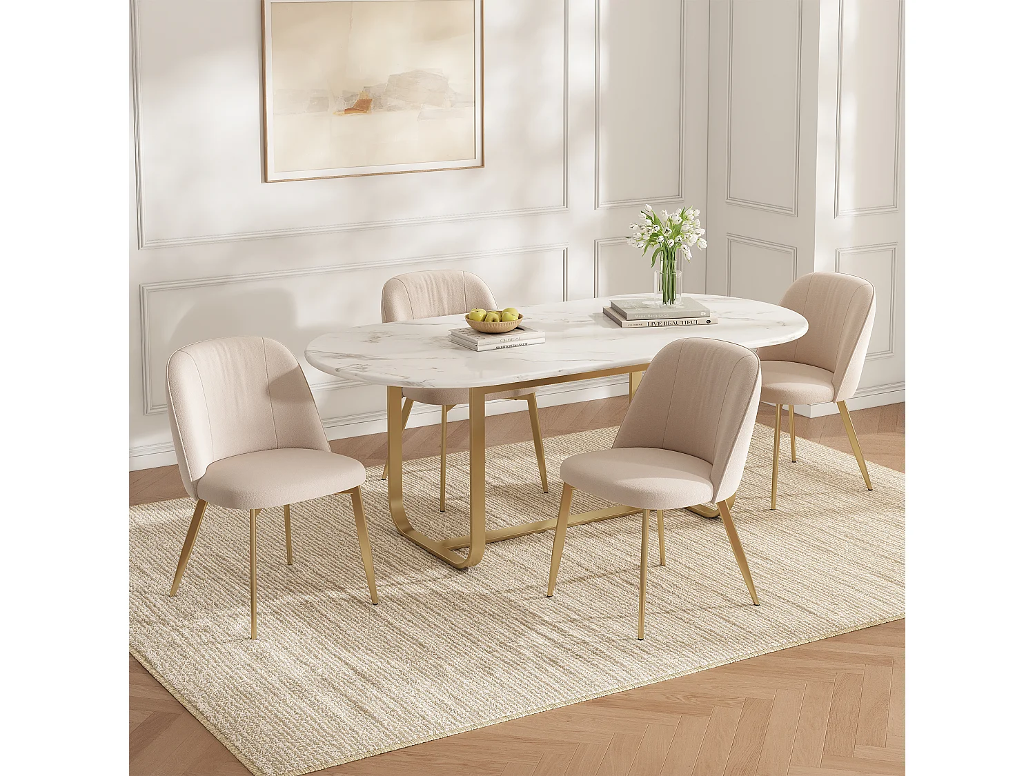 Lot de 2 chaises de salle à manger en velours et métal - Beige et or