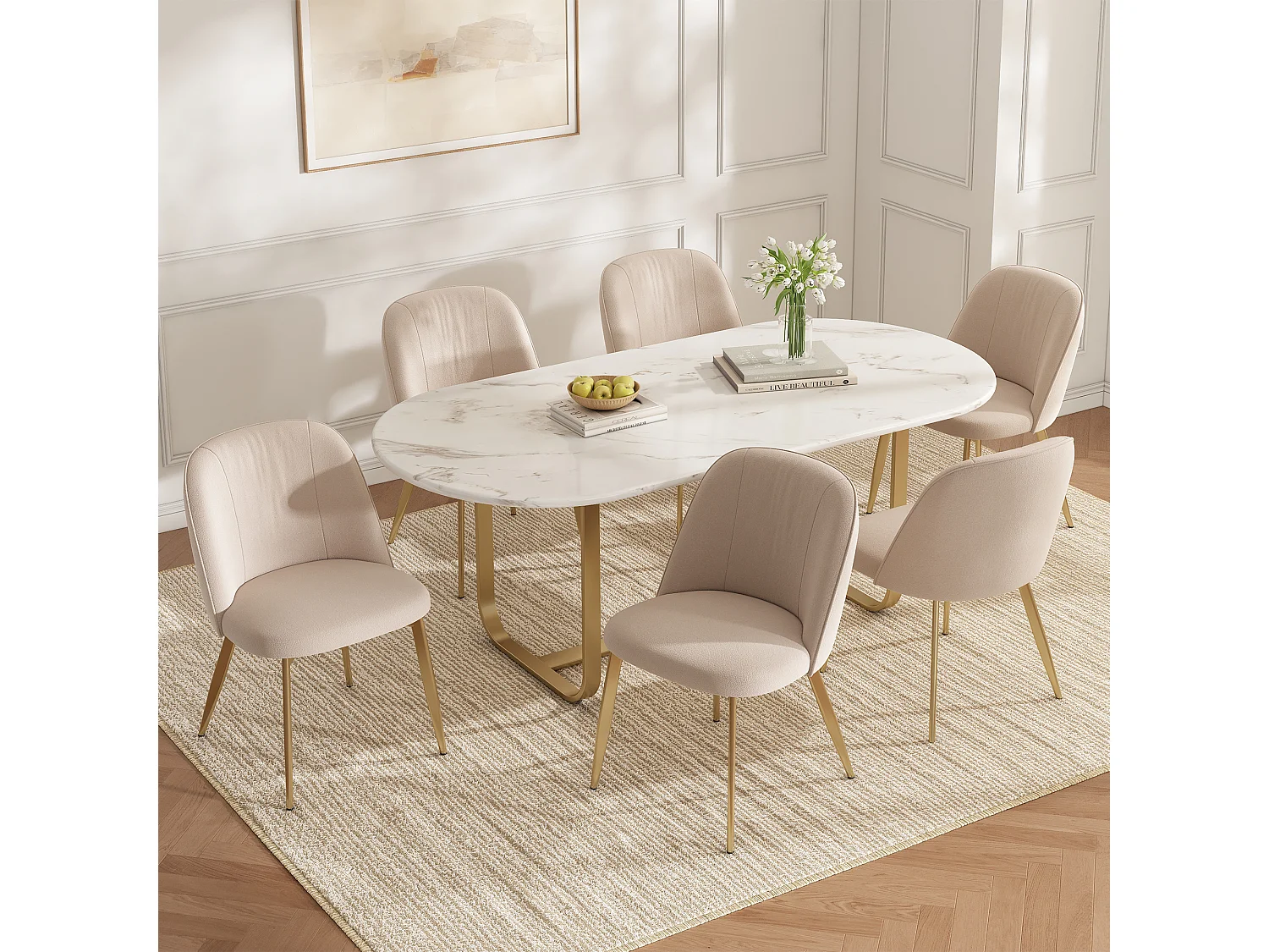 Lot de 2 chaises de salle à manger en velours et métal - Beige et or