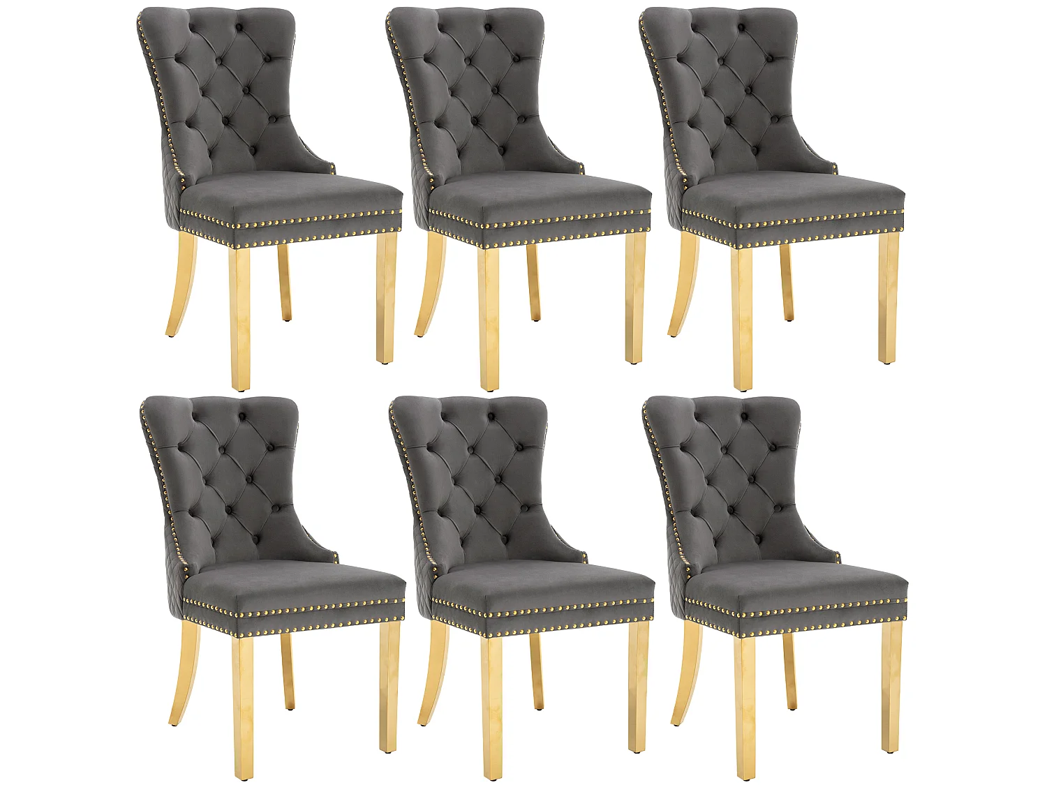 Lot de 6 chaises en velours gris avec garniture cloutée - Pieds en métal doré