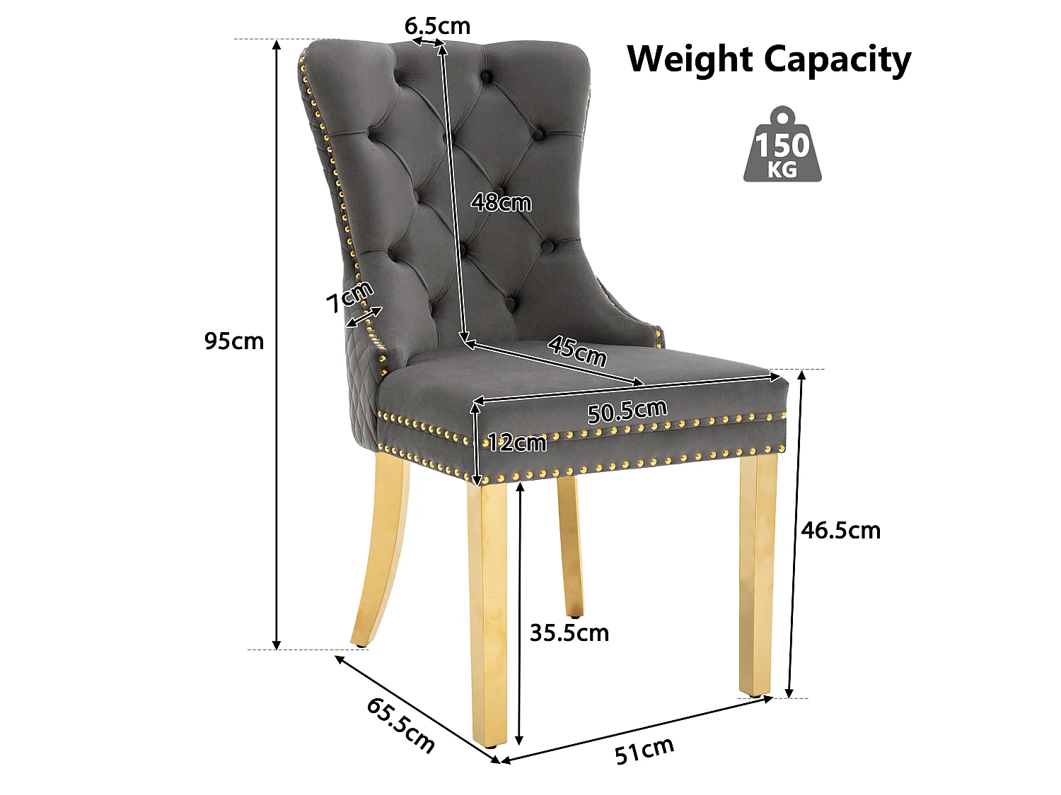 Lot de 6 chaises en velours gris avec garniture cloutée - Pieds en métal doré