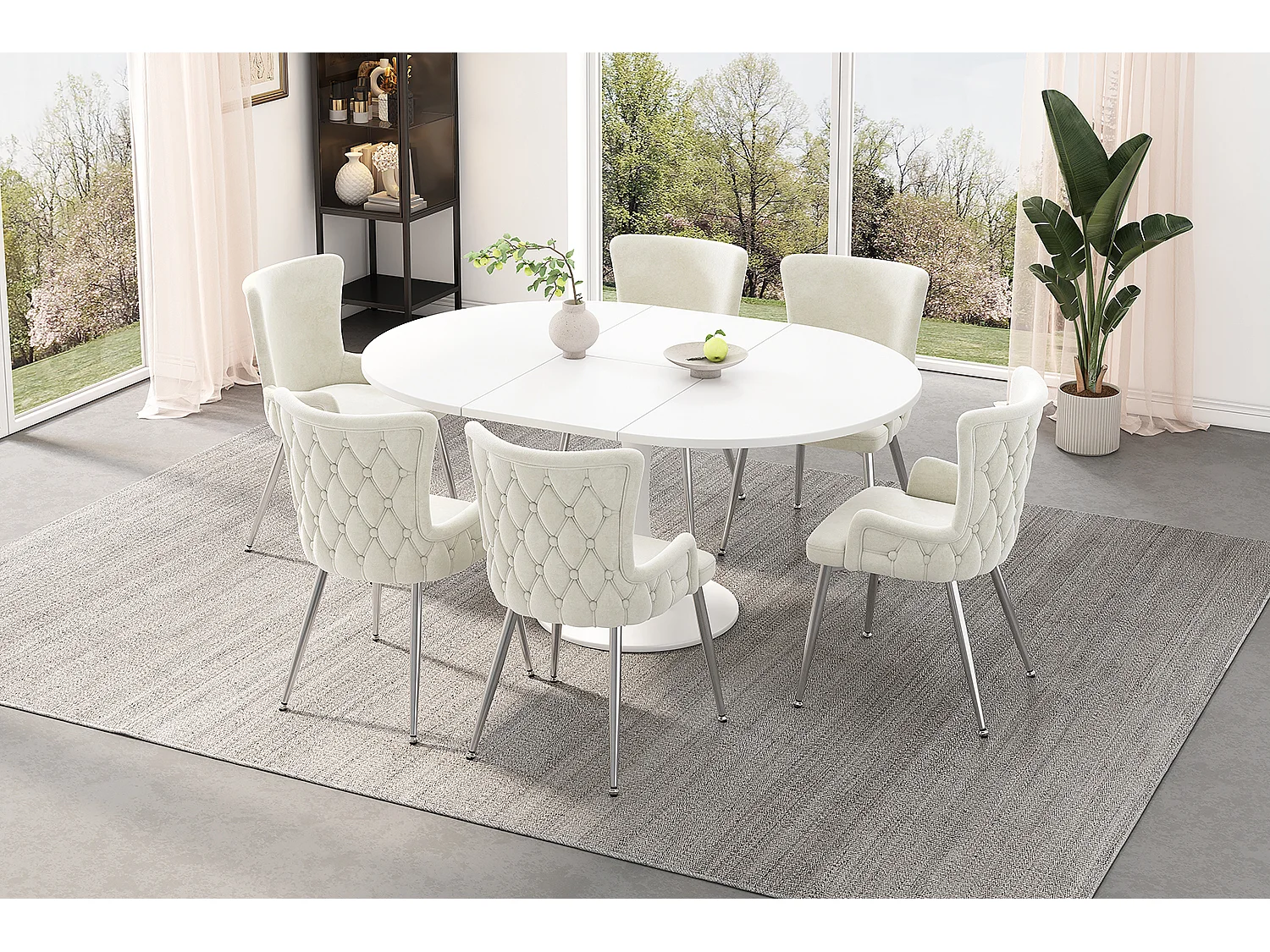 Set van 6 beige fluwelen stoelen met zilverkleurige metalen poten